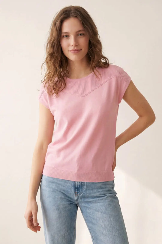 Pink Knit Short Sleeve Sweater with Ribbed Detail - PINK / ONE - Sweaters