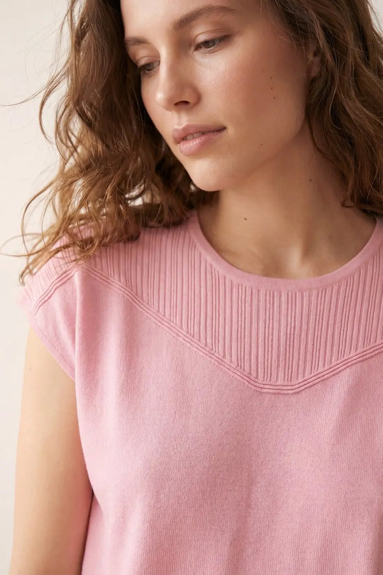 Pink Knit Short Sleeve Sweater with Ribbed Detail - PINK / ONE - Sweaters