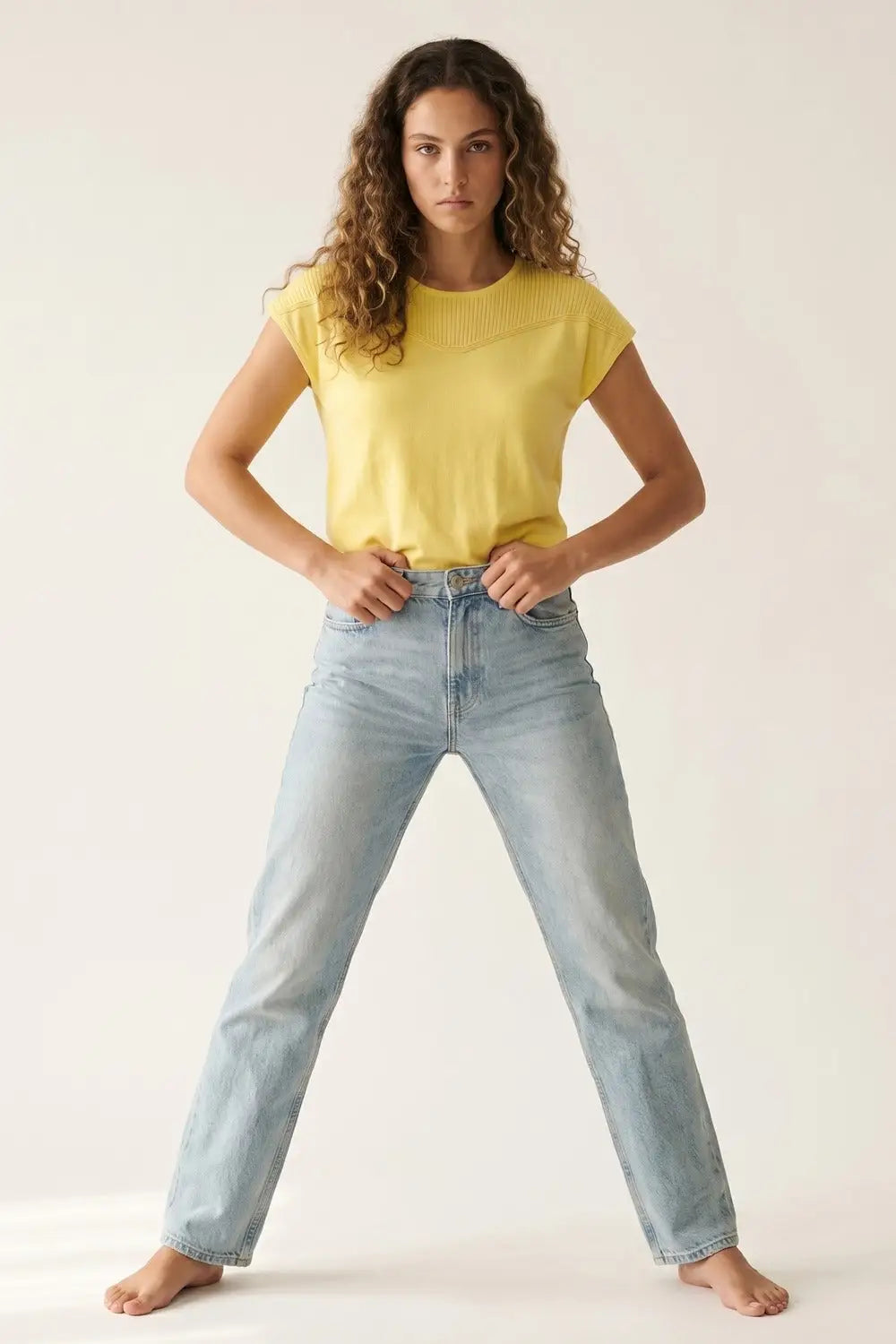 Yellow Short Sleeve Knit sweater with Ribbed Detail - YELLOW / ONE - Sweaters