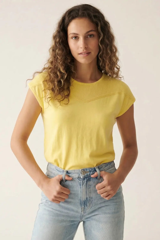 Yellow Short Sleeve Knit sweater with Ribbed Detail - YELLOW / ONE - Sweaters