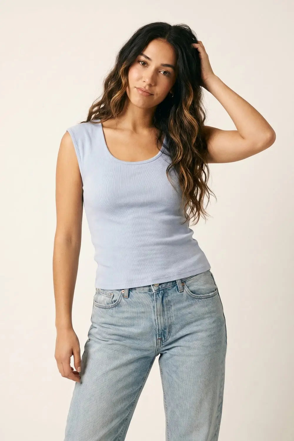 Light Blue Ribbed Knit Scoop sweater in lightweight knit - BLUE / ONE - Sweaters