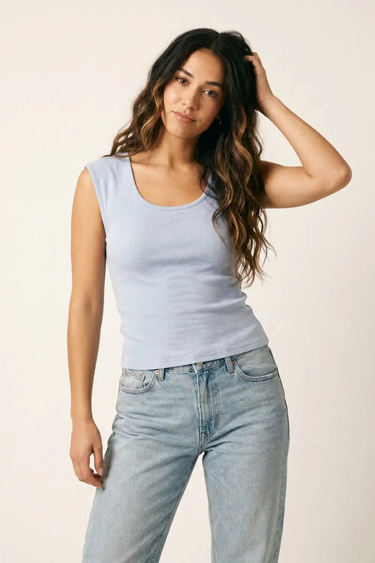 Light Blue Ribbed Knit Scoop sweater in lightweight knit - BLUE / ONE - Sweaters