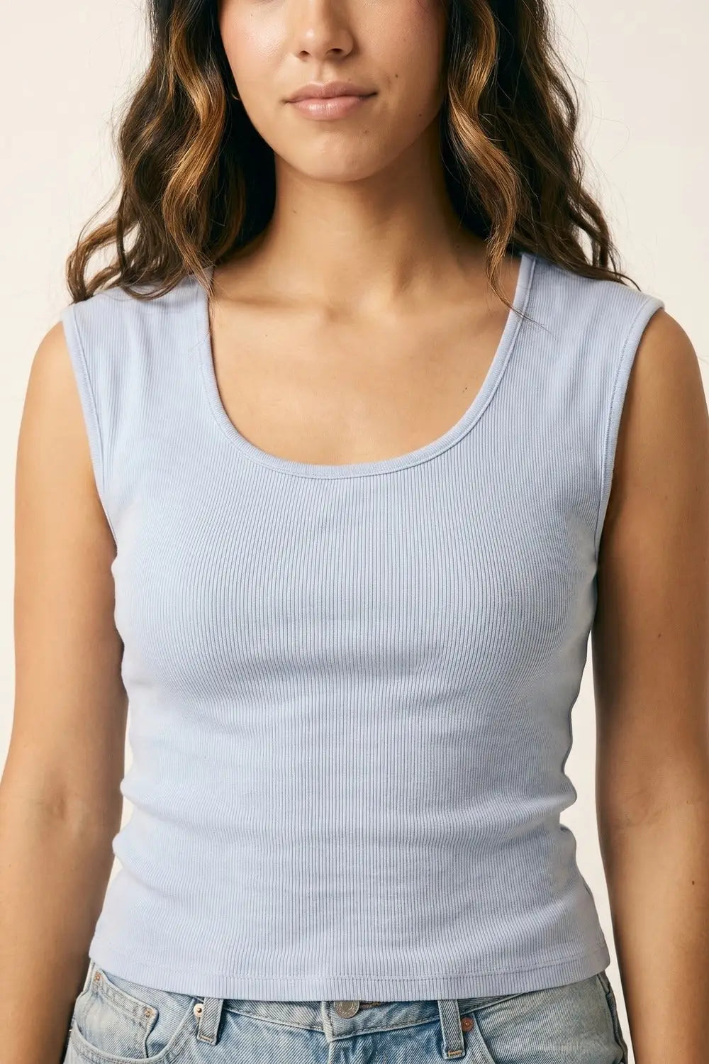 Light Blue Ribbed Knit Scoop sweater in lightweight knit - BLUE / ONE - Sweaters