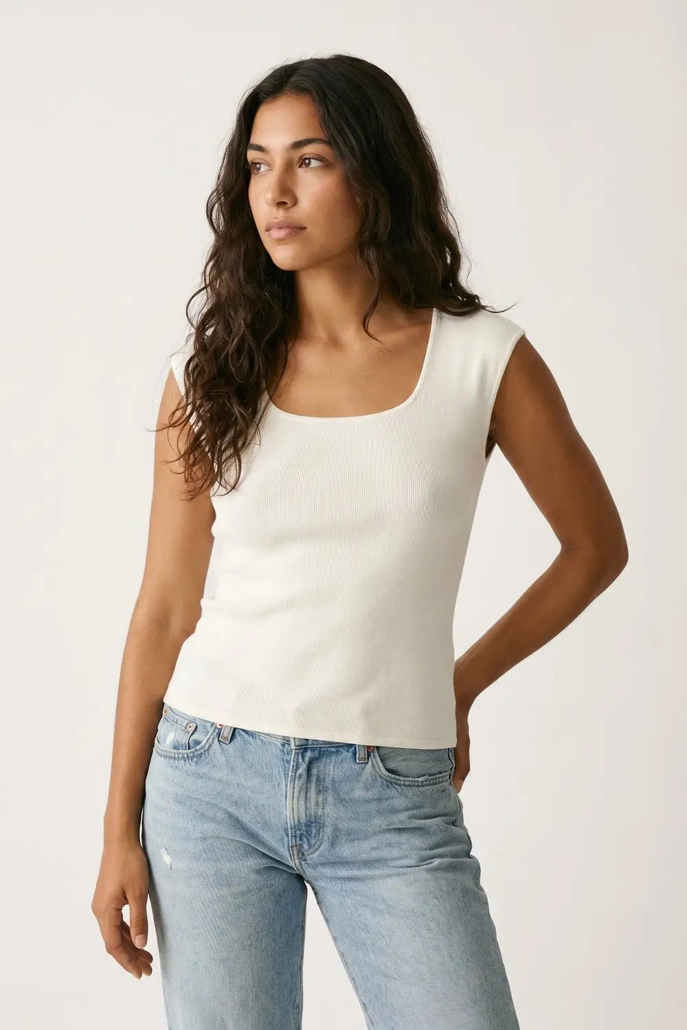 White Ribbed Knit Scoop Neck sweater in lightweight knit - WHITE / ONE - Sweaters