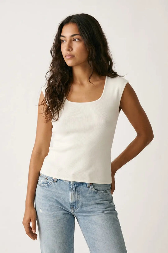 White Ribbed Knit Scoop Neck sweater in lightweight knit - WHITE / ONE - Sweaters