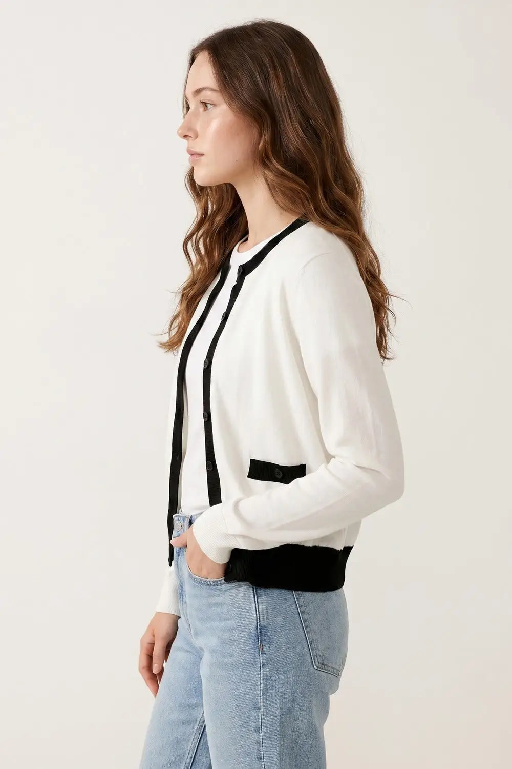 White with Black trim White Cardigan with Black Trim Detail - WHITE / ONE - Cardigans