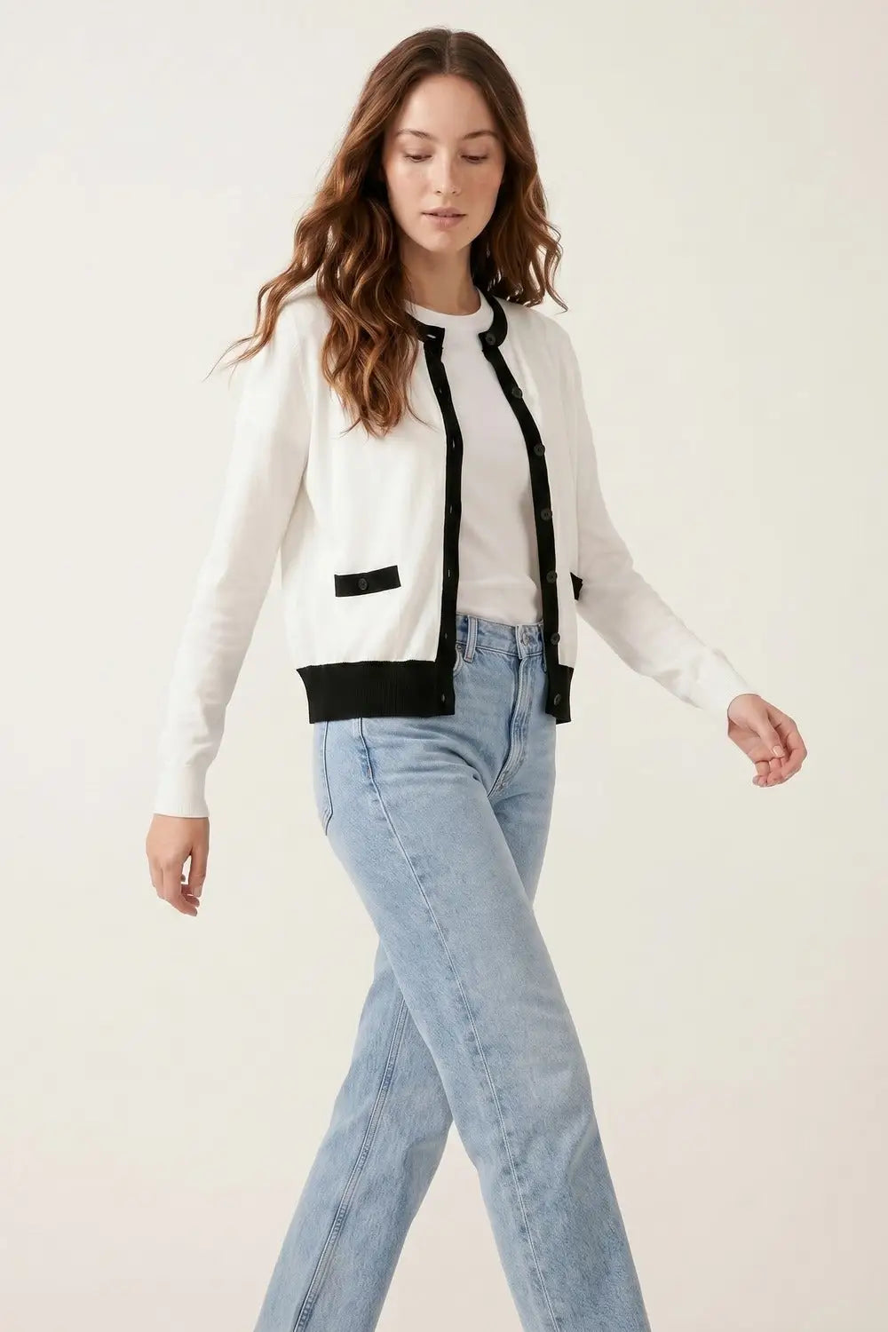 White with Black trim White Cardigan with Black Trim Detail - WHITE / ONE - Cardigans