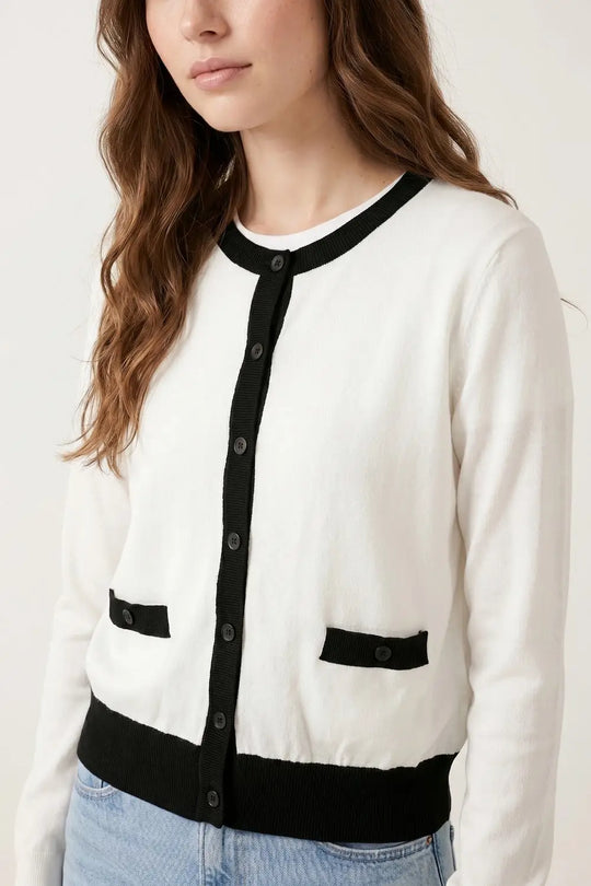 White with Black trim White Cardigan with Black Trim Detail - WHITE / ONE - Cardigans