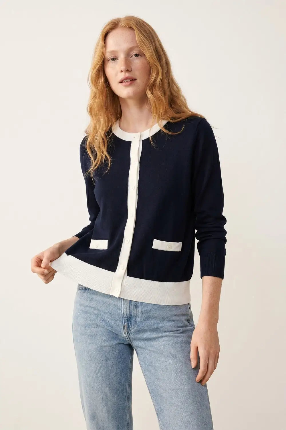 Navy Button-Up Cardigan with White Trim Accents - NAVY / ONE - Cardigans