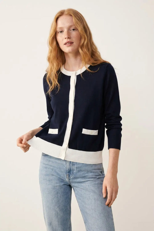 Navy Button-Up Cardigan with White Trim Accents - NAVY / ONE - Cardigans