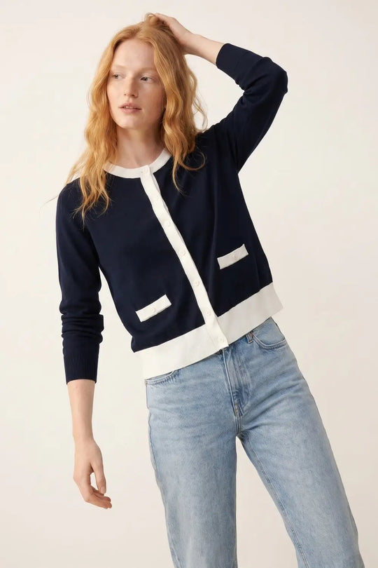 Navy Button-Up Cardigan with White Trim Accents - NAVY / ONE - Cardigans
