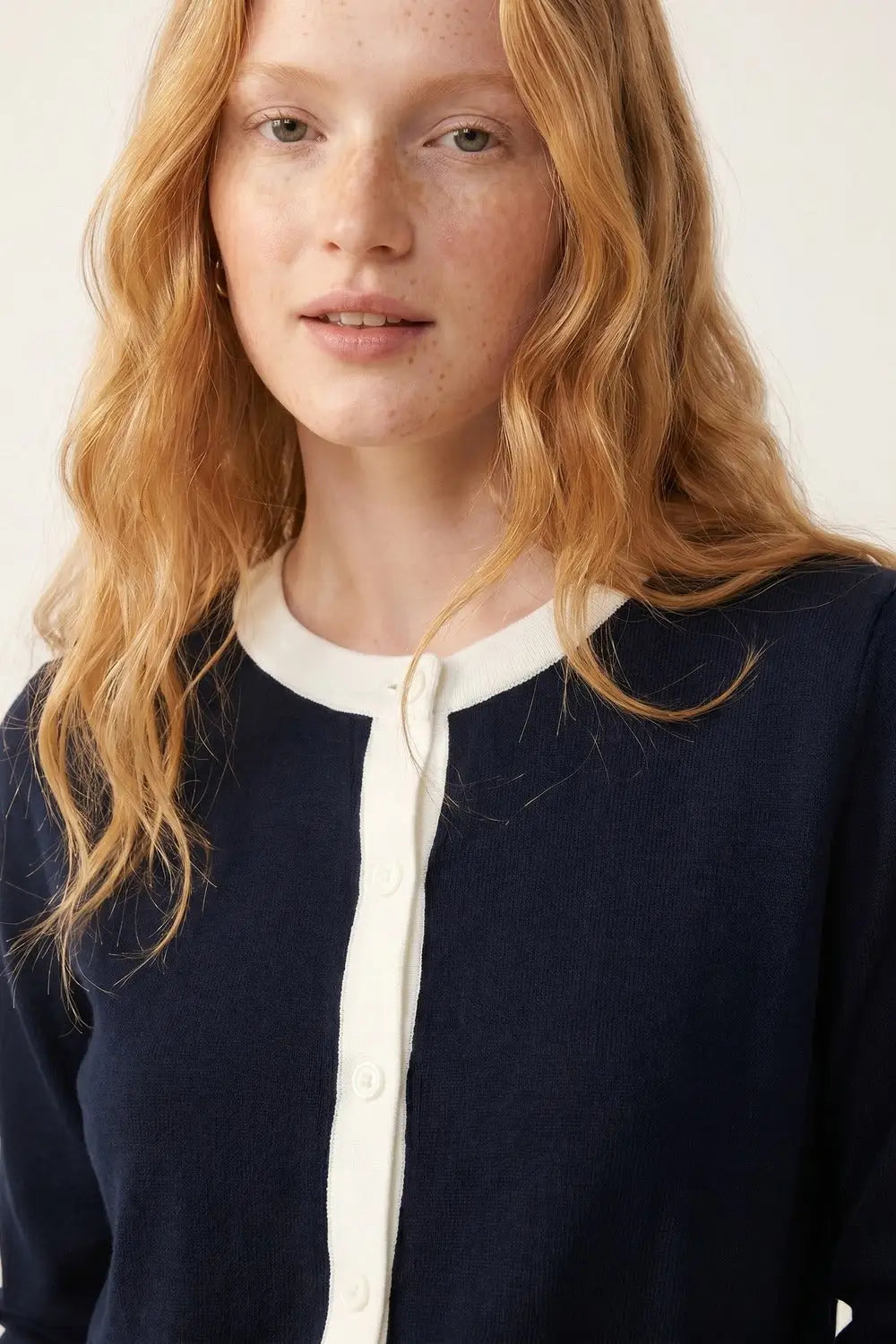 Navy Button-Up Cardigan with White Trim Accents - NAVY / ONE - Cardigans