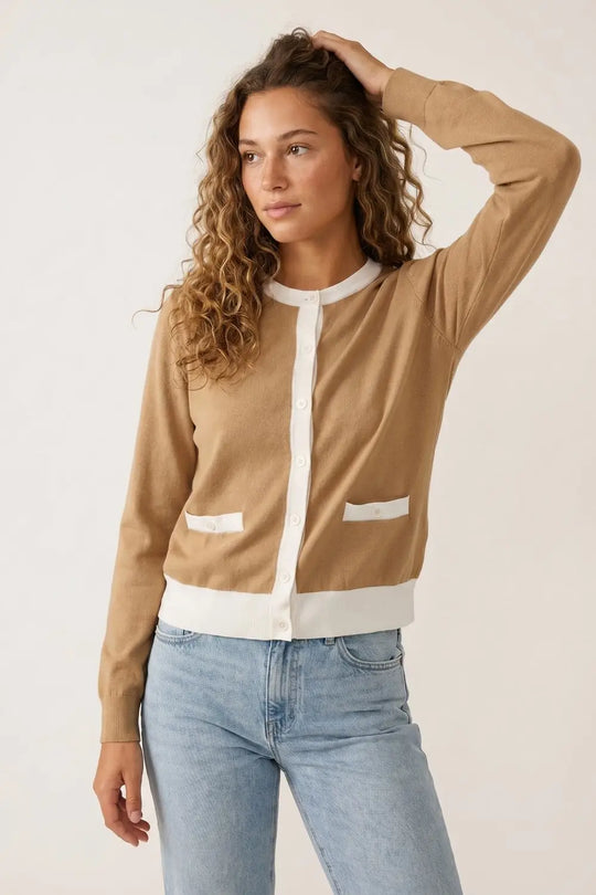 Contrast Trim Classic Button Cardigan in camel - CAMEL / ONE - Cardigans