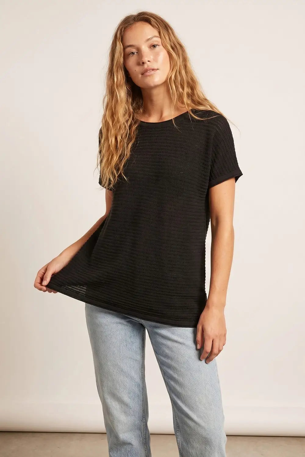 Black Textured Ribbed Knit Short Sleeve sweater - BLACK / ONE - Sweaters