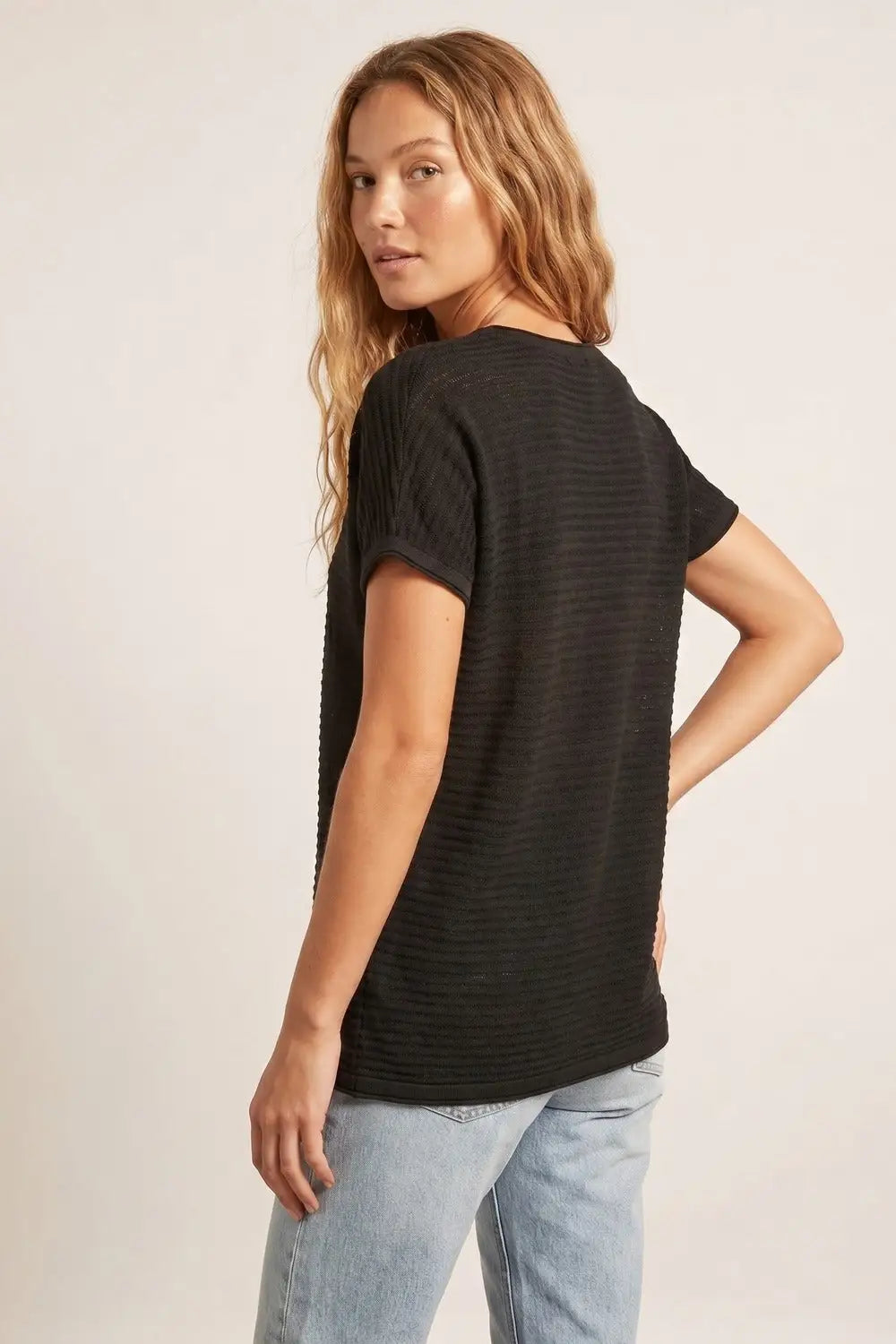 Black Textured Ribbed Knit Short Sleeve sweater - BLACK / ONE - Sweaters