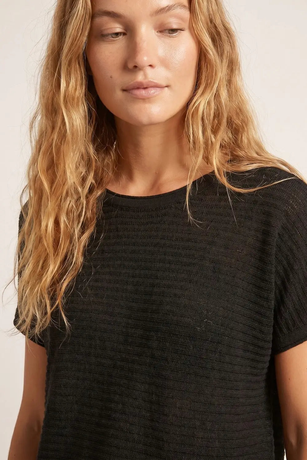 Black Textured Ribbed Knit Short Sleeve sweater - BLACK / ONE - Sweaters