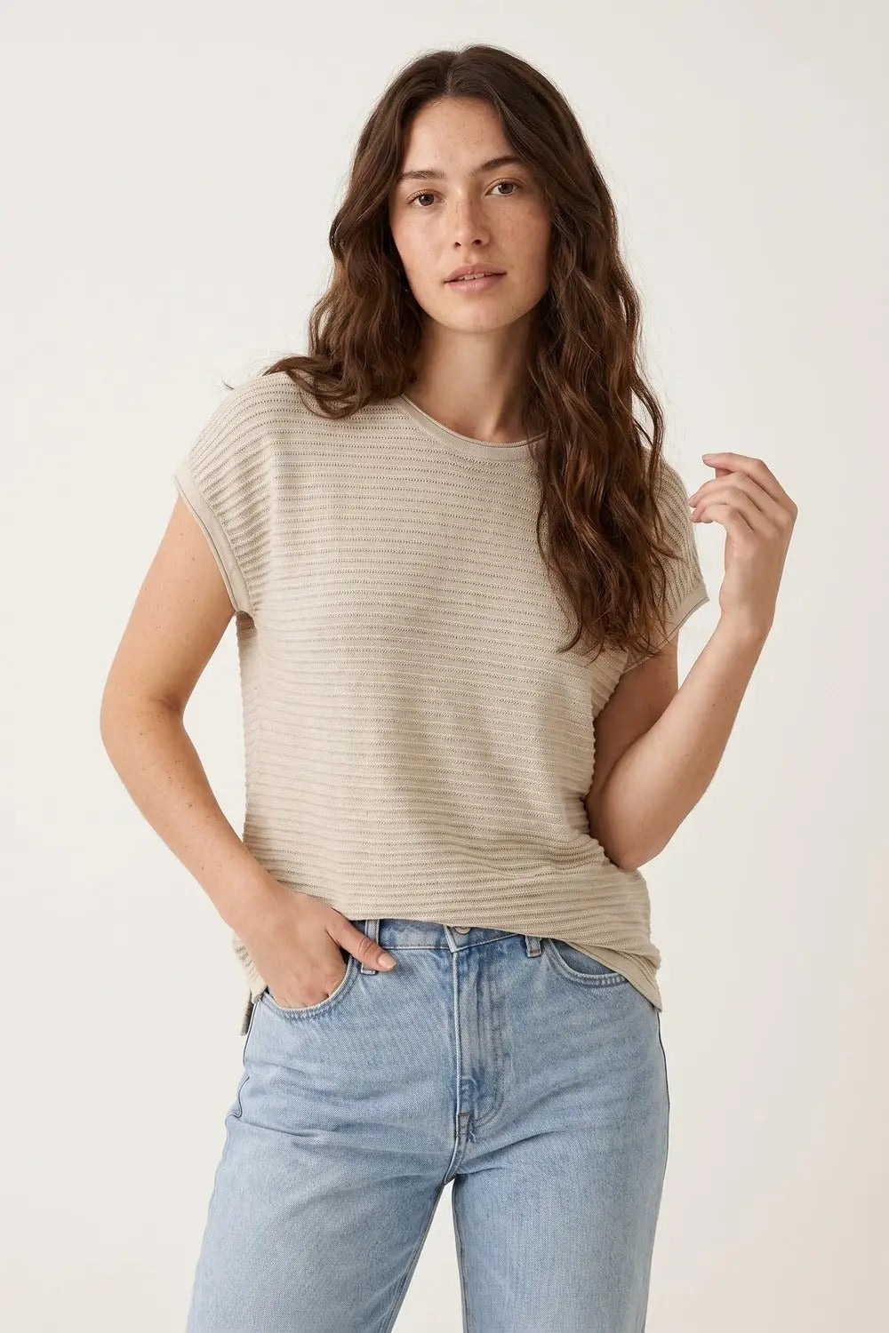 Beige Ribbed open Knit Relaxed Fit Short Sleeve sweater - BEIGE / ONE - Sweaters