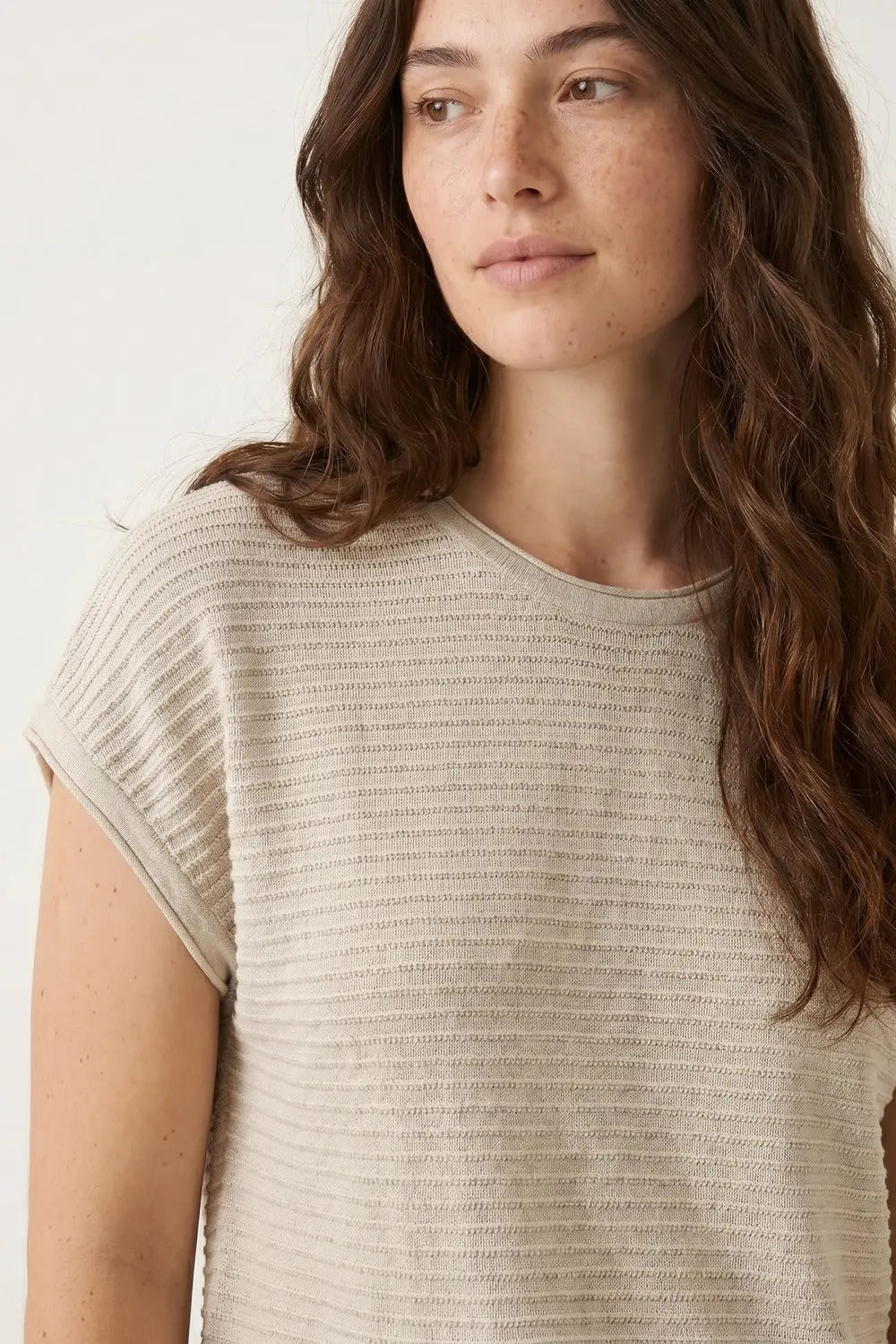 Beige Ribbed open Knit Relaxed Fit Short Sleeve sweater - BEIGE / ONE - Sweaters