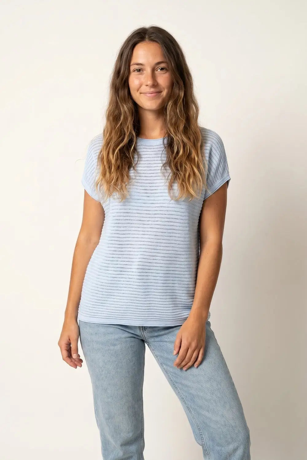 Light Blue Striped open Knit Relaxed Fit sweater - BLUE / ONE - Sweaters