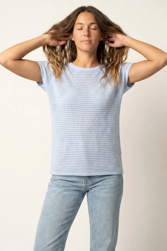 Light Blue Striped open Knit Relaxed Fit sweater - BLUE / ONE - Sweaters
