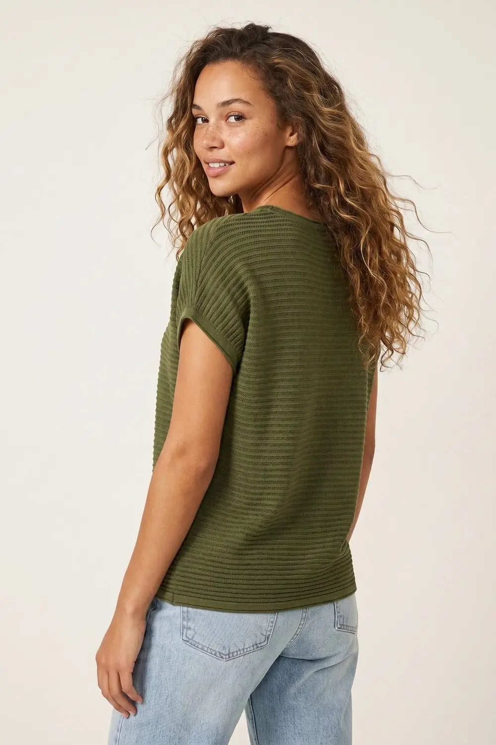 Ribbed knitted Short Sleeve sweater in olive green - KHAKI / ONE - Sweaters