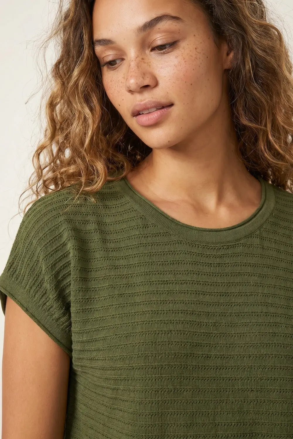 Ribbed knitted Short Sleeve sweater in olive green - KHAKI / ONE - Sweaters