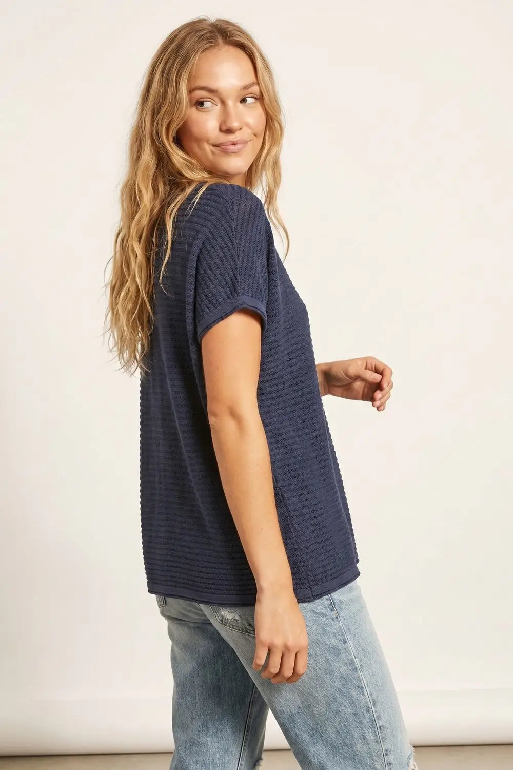 Navy Textured Short Sleeve Relaxed sweater - NAVY / ONE - Sweaters