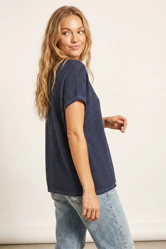 Navy Textured Short Sleeve Relaxed sweater - NAVY / ONE - Sweaters