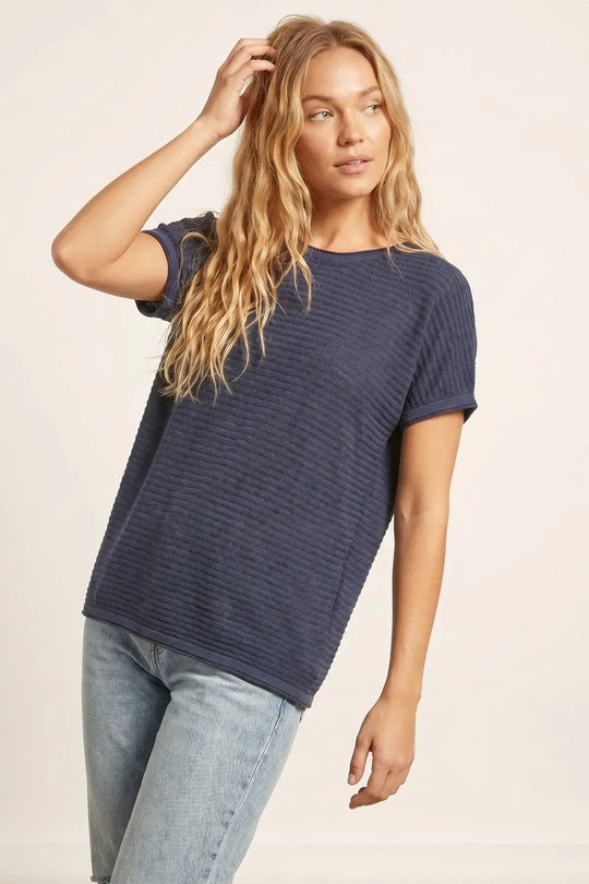 Navy Textured Short Sleeve Relaxed sweater - NAVY / ONE - Sweaters
