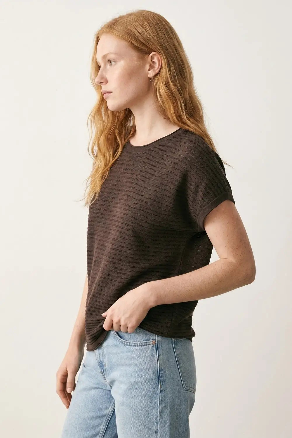 Brown Ribbed Knit Short Sleeve Relaxed sweater - BROWN / ONE - Sweaters