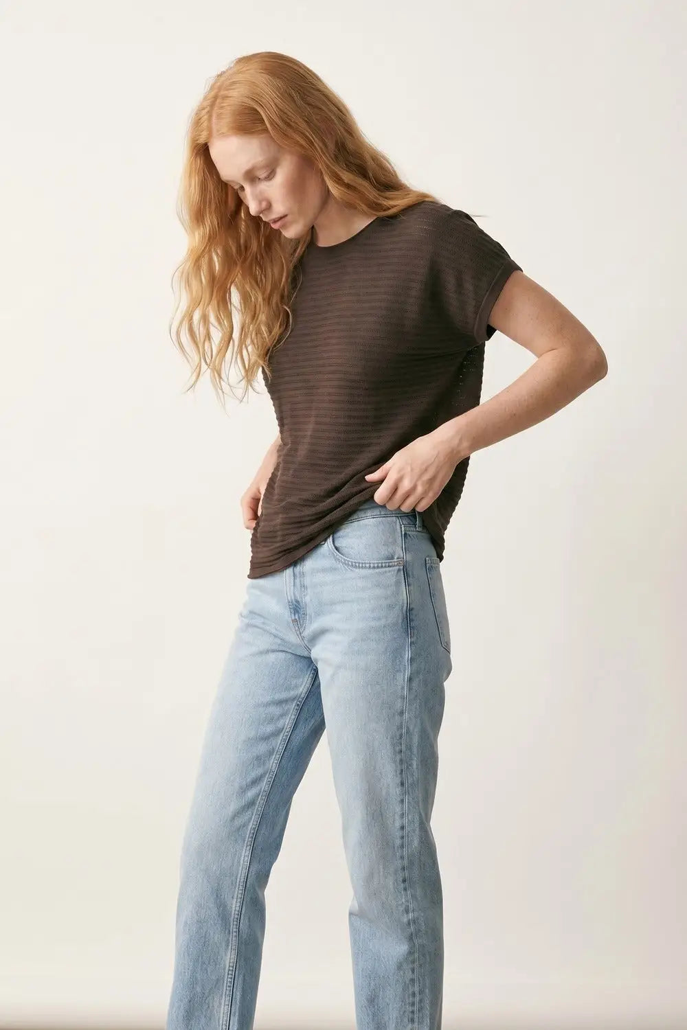 Brown Ribbed Knit Short Sleeve Relaxed sweater - BROWN / ONE - Sweaters