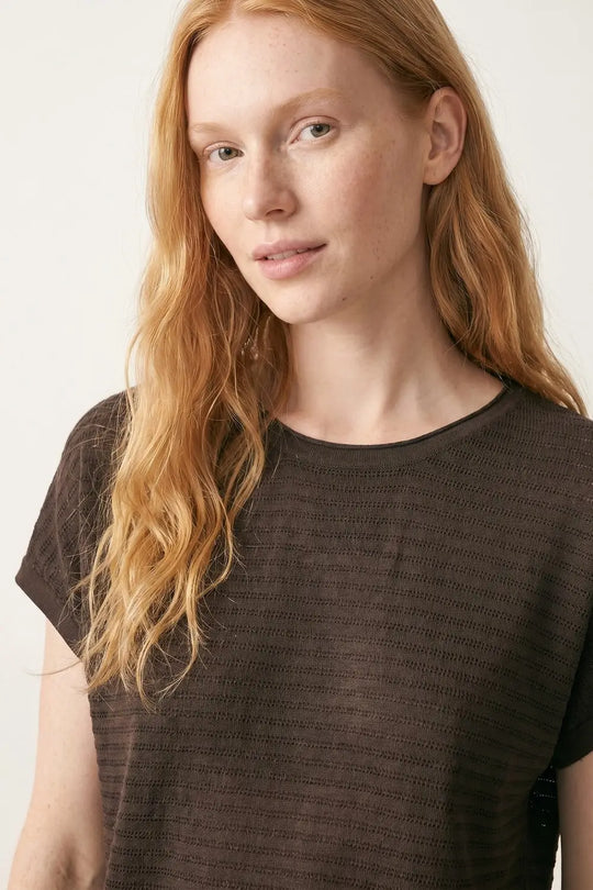 Brown Ribbed Knit Short Sleeve Relaxed sweater - BROWN / ONE - Sweaters