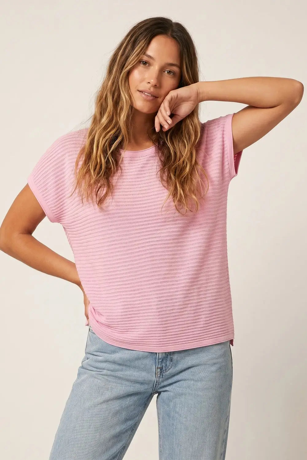 Pink Ribbed Knit Loose Fit sweater with dropped sleeves - PINK / ONE - Sweaters