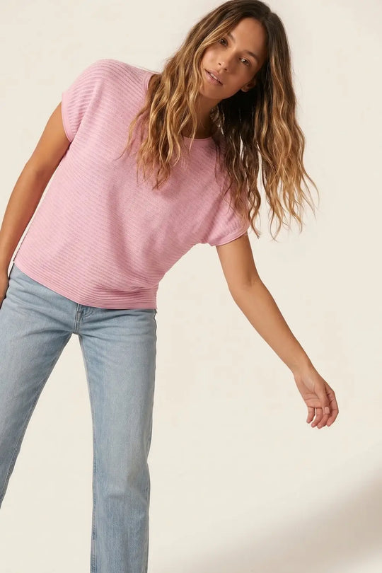 Pink Ribbed Knit Loose Fit sweater with dropped sleeves - PINK / ONE - Sweaters