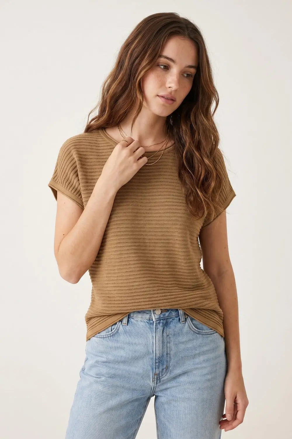 Camel Ribbed Knit Short Sleeve Sweater - CAMEL / ONE - Sweaters