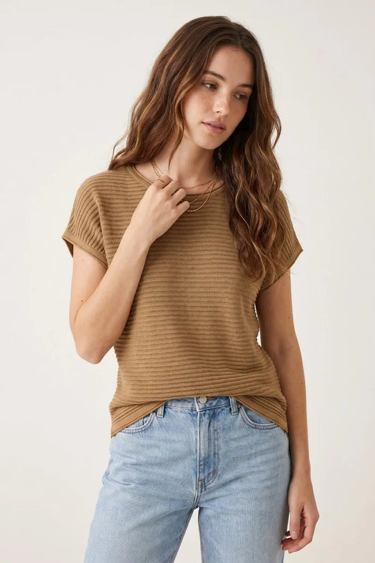 Camel Ribbed Knit Short Sleeve Sweater - CAMEL / ONE - Sweaters