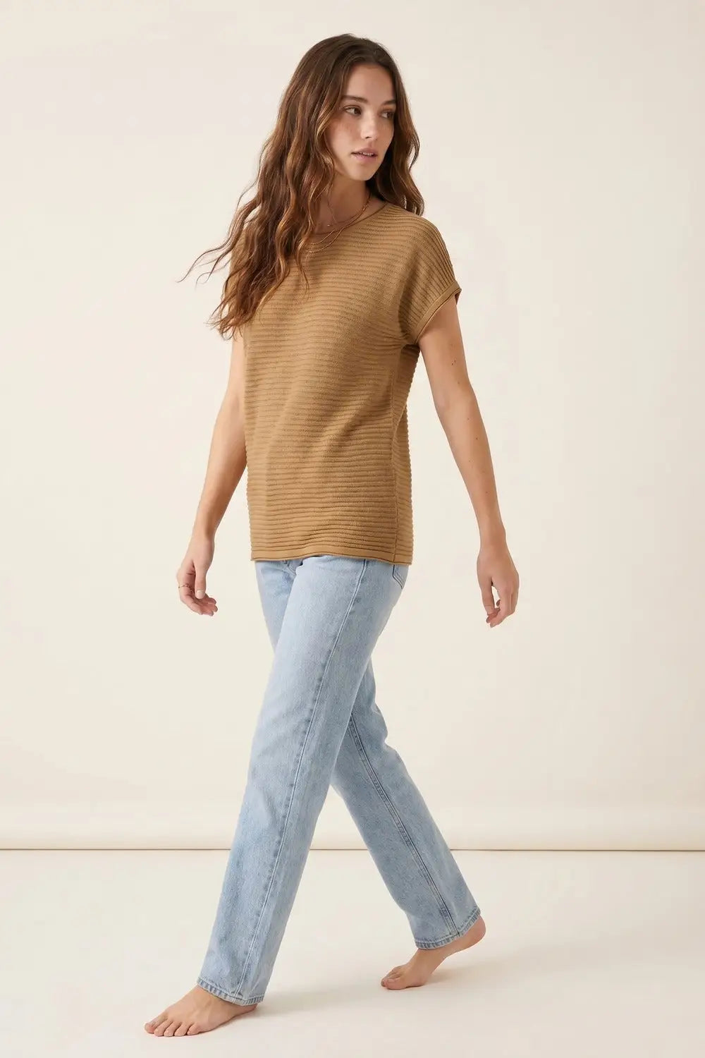 Camel Ribbed Knit Short Sleeve Sweater - CAMEL / ONE - Sweaters