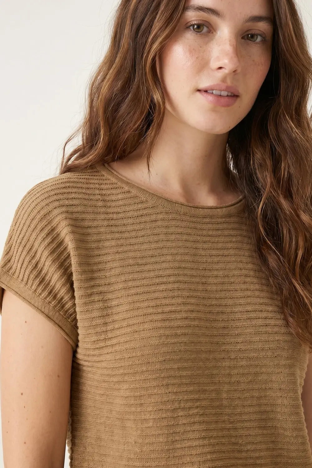 Camel Ribbed Knit Short Sleeve Sweater - CAMEL / ONE - Sweaters