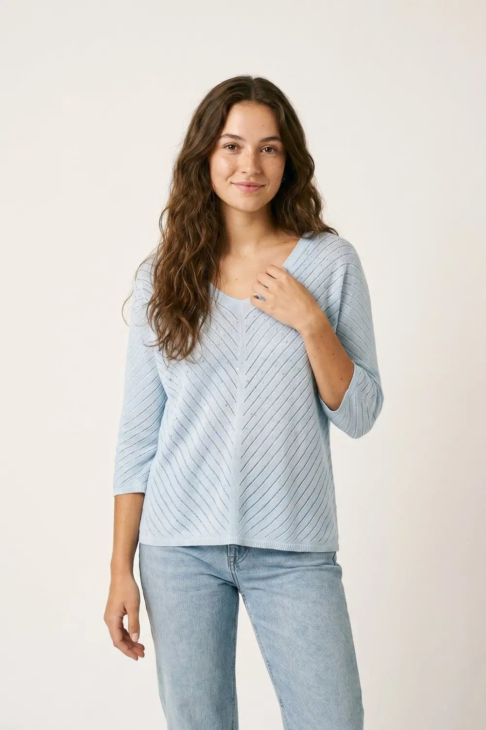 Light Blue Knit V-Neck Sweater with Sparkle Detail - BLUE / ONE - Sweaters