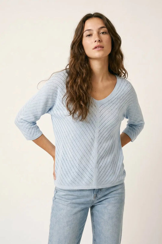 Light Blue Knit V-Neck Sweater with Sparkle Detail - BLUE / ONE - Sweaters