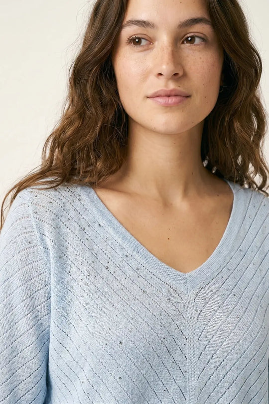 Light Blue Knit V-Neck Sweater with Sparkle Detail - BLUE / ONE - Sweaters