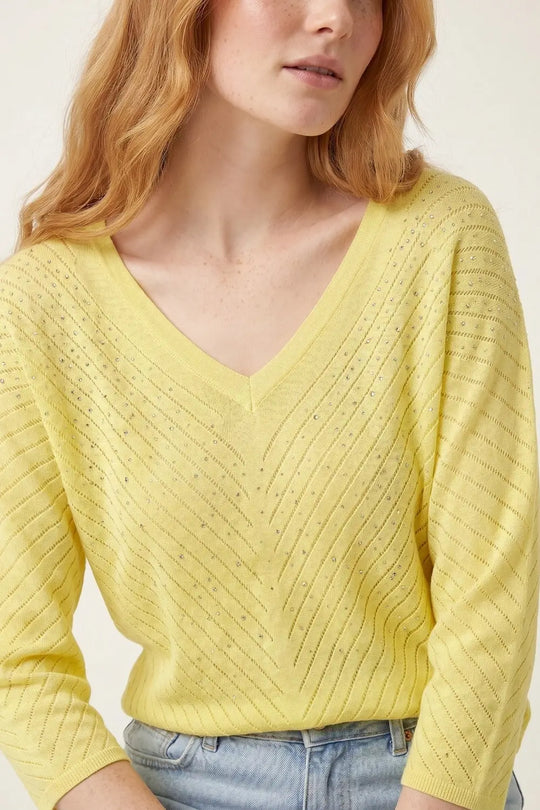 V-Neck Embellished Lightweight Knit sweater in yellow - YELLOW / ONE - Sweaters