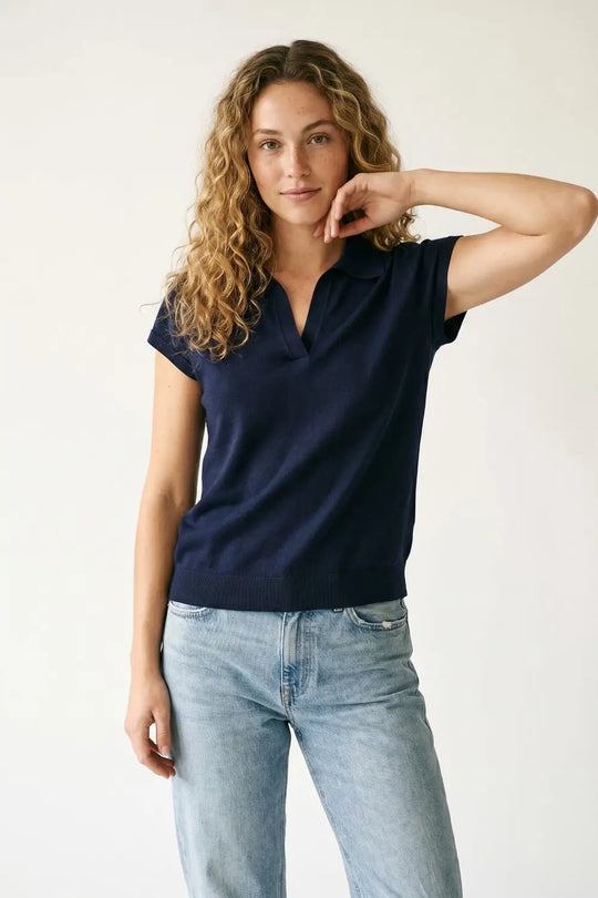 Navy Fine Knit Short Sleeve Polo - NAVY / ONE - Polos