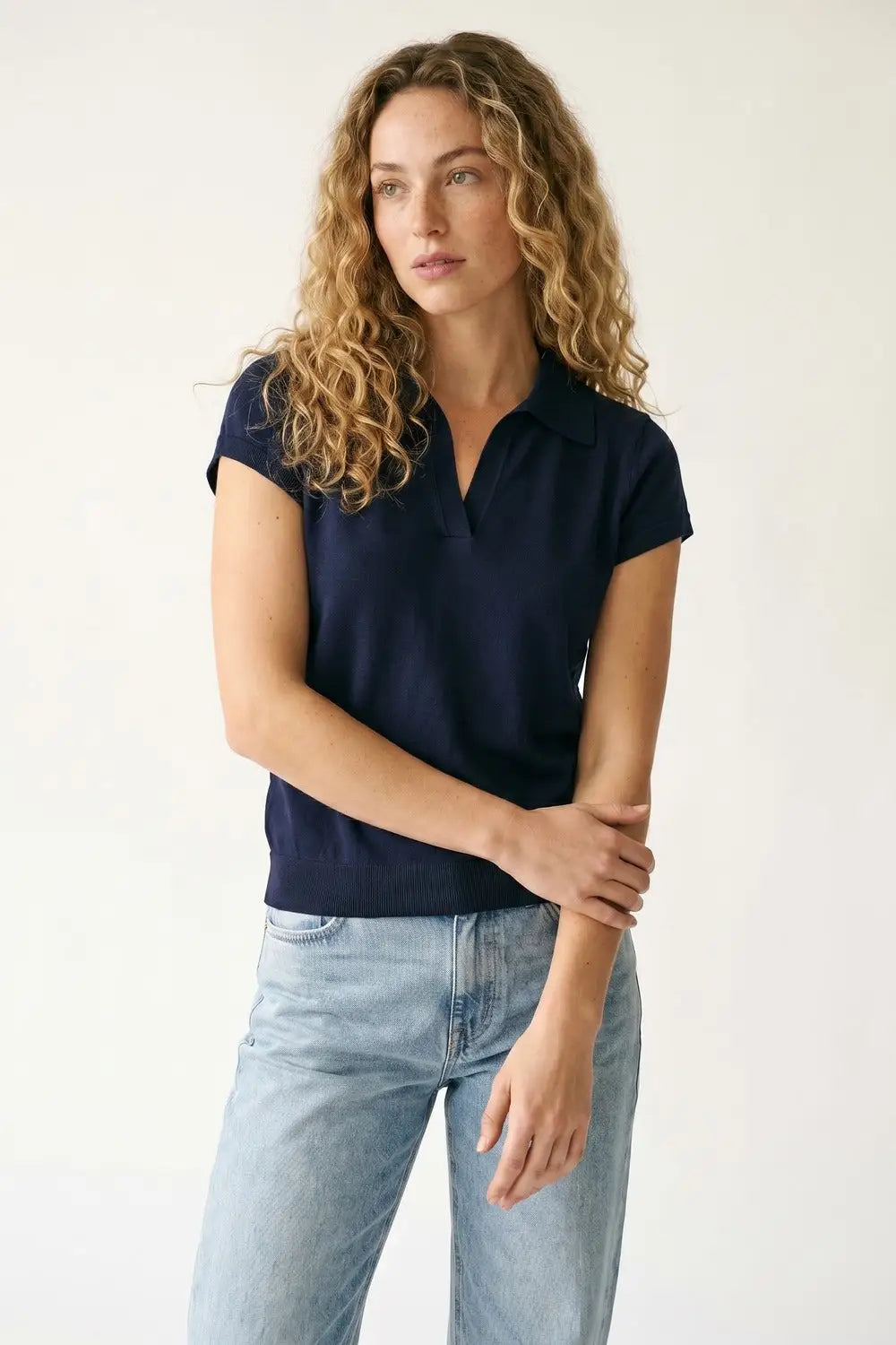 Navy Fine Knit Short Sleeve Polo - NAVY / ONE - Polos