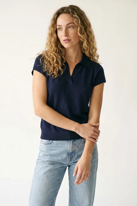 Navy Fine Knit Short Sleeve Polo - NAVY / ONE - Polos