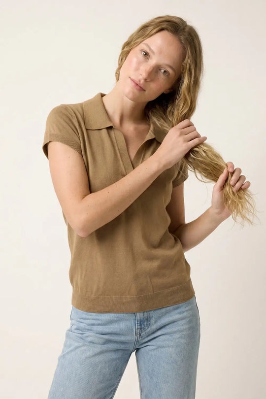 Camel fine Knit Polo Top with Short Sleeves - CAMEL / ONE - Polos