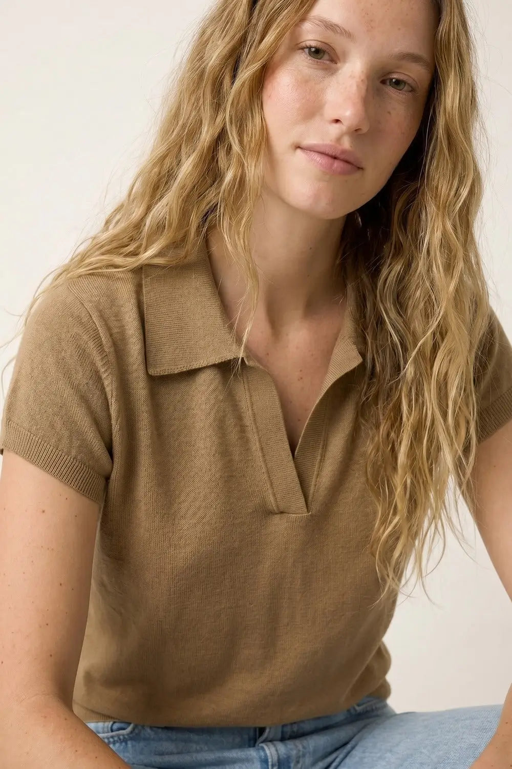 Camel fine Knit Polo Top with Short Sleeves - CAMEL / ONE - Polos