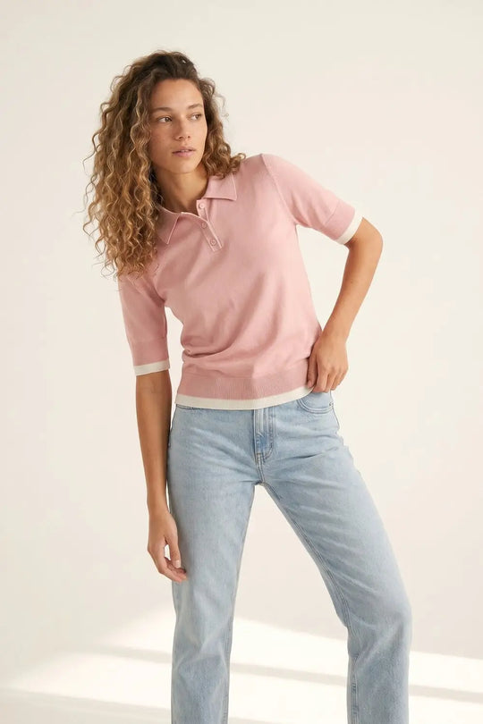 Pink Polo Knit Top with White Trim Details - PINK / ONE - Polos