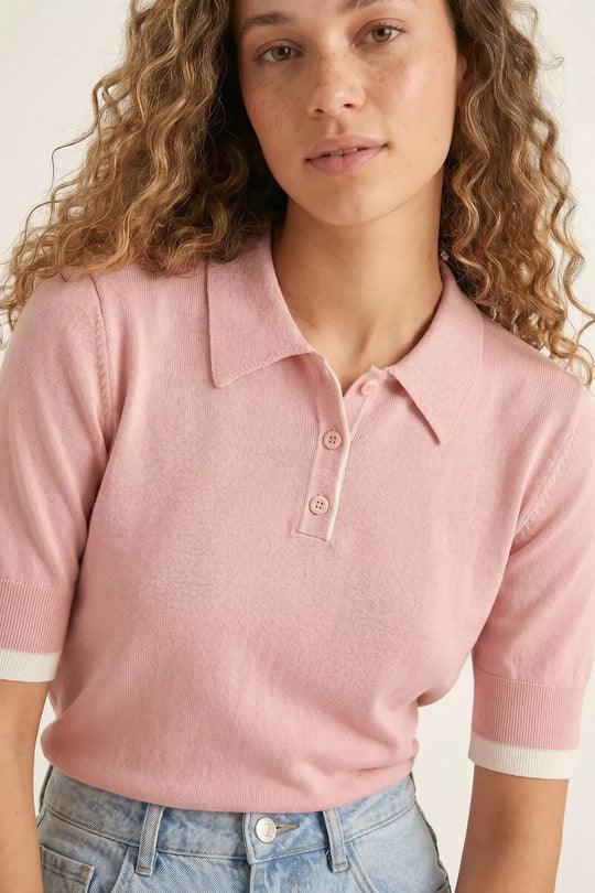 Pink Polo Knit Top with White Trim Details - PINK / ONE - Polos
