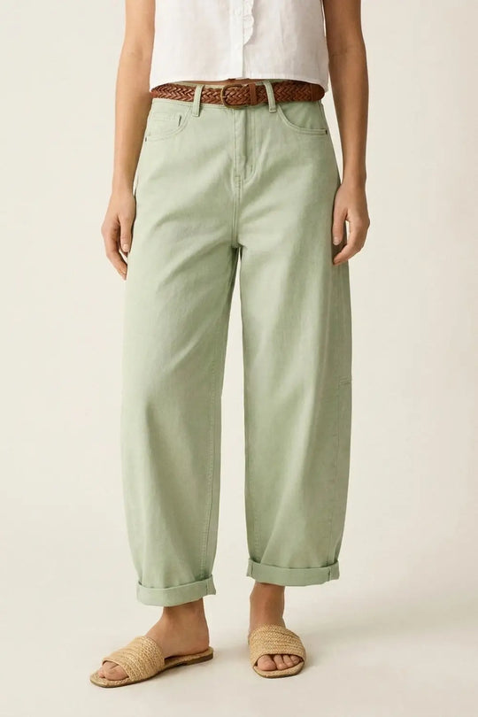 Light Green Wide-Leg Cotton Casual Pants in Barrel Style - Colored Jeans